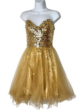 Night Moves 4 Gold Sequin Cocktail Dress Strapless Sz 4 Tulle Skirt Party Prom
